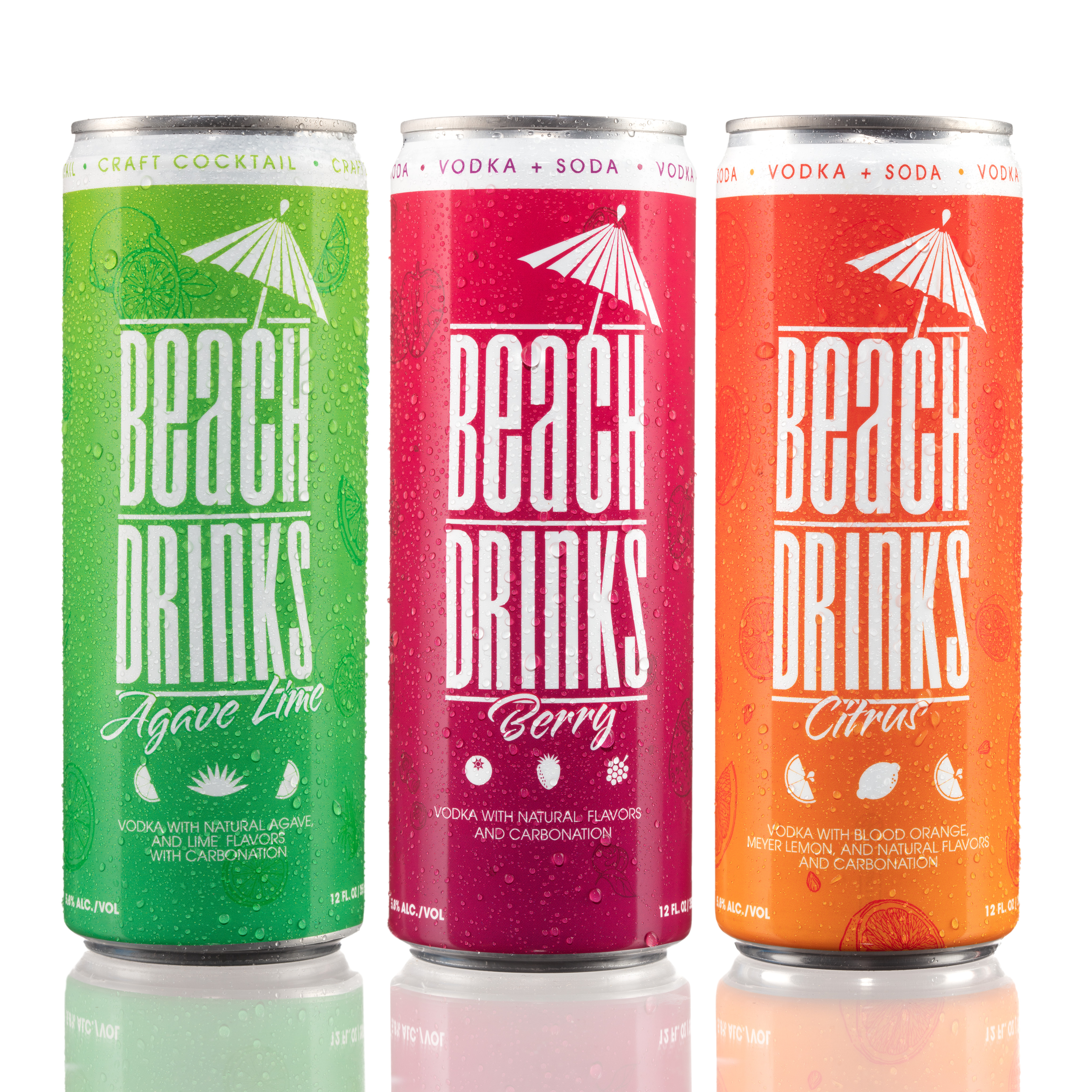 Beach Drinks canned cocktail cans covered in condensation, product lineup composite