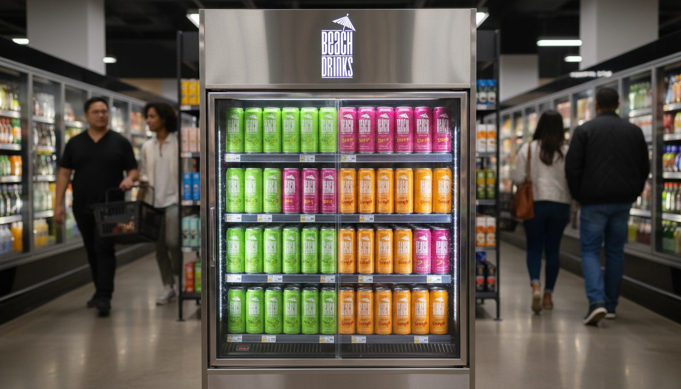 Beach Drinks canned cocktails displayed on a retail store shelf