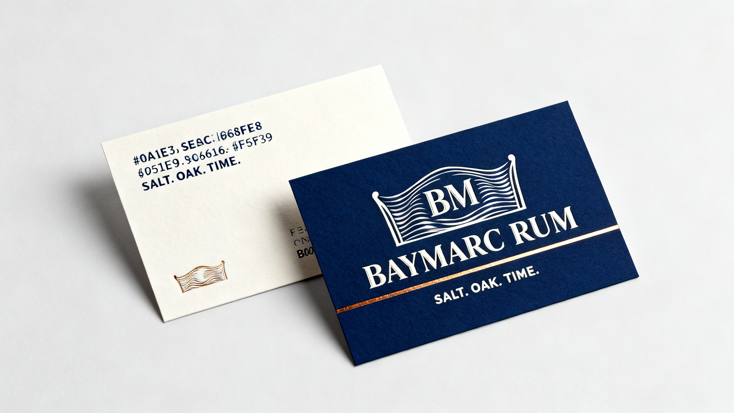 Baymarc Rum business card design in navy and gold